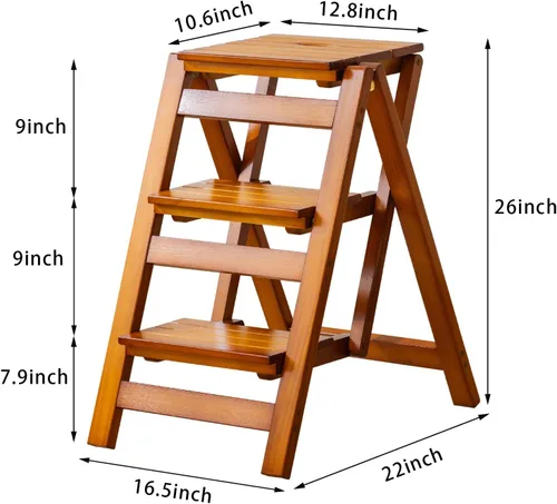 Miniatura 2 de Latifolia Escalera plegable de 3 escalones, taburete de madera con protector de suelo, estante decorativo para sala de estar, cocina, jardín (nogal)