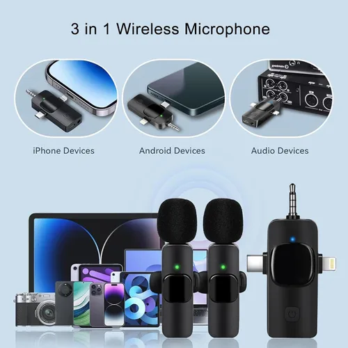 Miniatura 2 de Mini micrófono, micrófono inalámbrico 3 en 1 para iPhone, iPad, Android, cámara, micrófonos de solapa inalámbricos profesionales para grabación