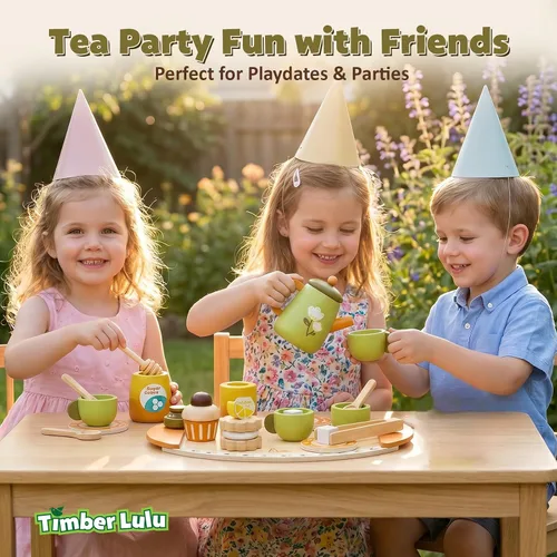 Miniatura 6 de Juego de té de madera para niños pequeños, juguetes de fiesta de té de simulación para niños de 3 a 5 años, regalo para niñas y niños