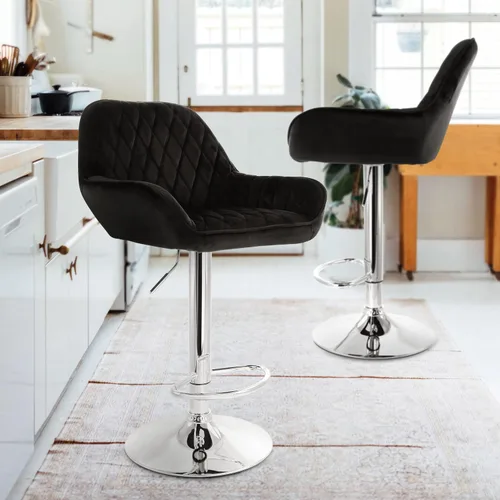 Miniatura 2 de Elama Taburetes de bar de terciopelo ajustables de 2 piezas en negro con base cromada, (ELM-221E)