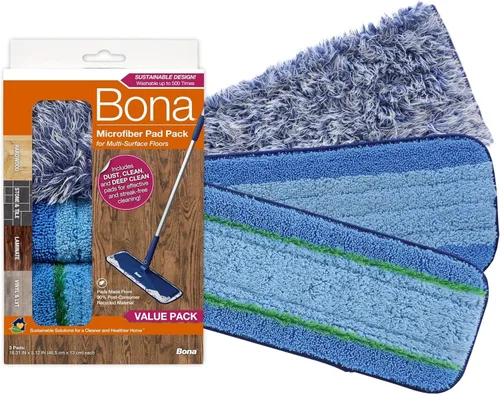 Bona El paquete de 3 almohadillas de microfibra incluye almohadilla de limpieza para polvo, limpieza y limpieza profunda, para suelos de madera dura