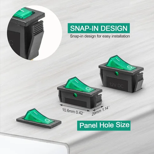 Miniatura 6 de KCD3 SPST de encendido/apagado de 3 pines, 2 posiciones, interruptor basculante instantáneo DC 12V-24V 30A con LED verde para barco - Paquete de 5