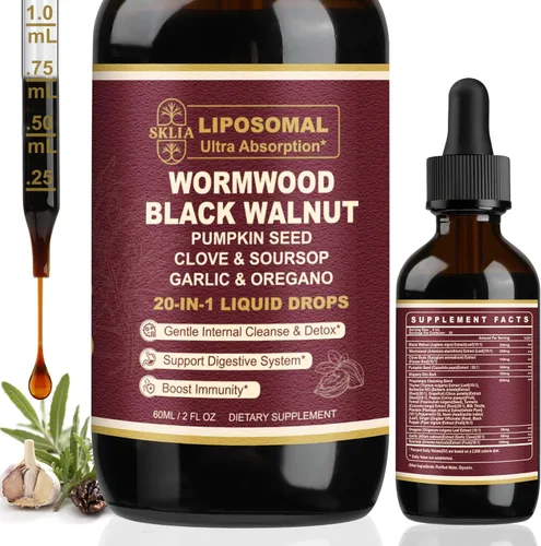 Limpiador Liposomal 20-en-1 de Ajenjo y Nuez Negra para Humanos Gotas Líquidas – Limpieza Rápida del Intestino y Apoyo Digestivo con Clavo,