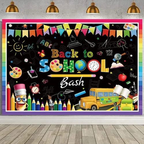 Miniatura 3 de Telón de fondo de pizarra de regreso a clases, primer día de escuela, fiesta, lápiz, autobús escolar, decoración colorida para niños, cabina