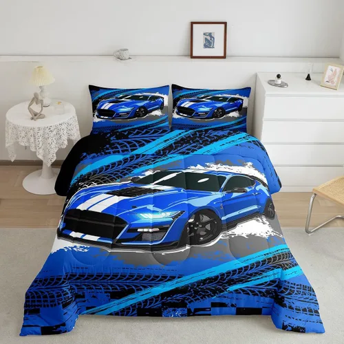 Juego de edredón azul de coche deportivo para niños y hombres, juego de ropa de cama de auto de carreras de graffiti tamaño individual, edredón