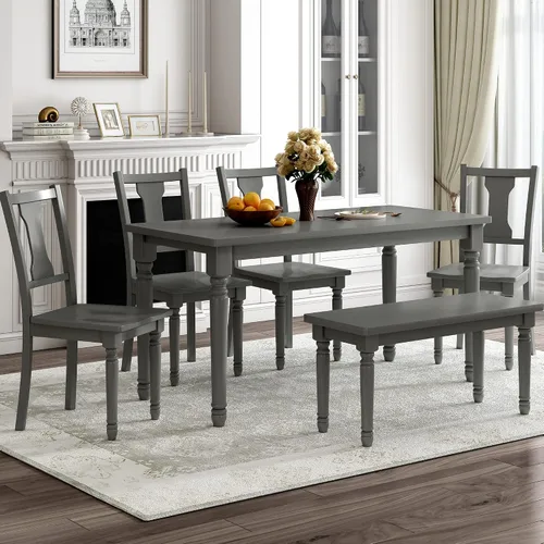 Miniatura 22 de KLMM Elegante y clásico juego de mesa de comedor de madera de 6 piezas con 4 sillas y otomana, adecuado para cocina y comedor
