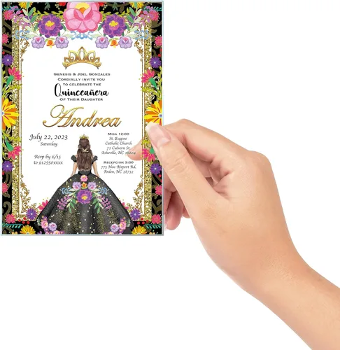 Miniatura 4 de Invitación de quinceañera Vestido negro Invitación de cristal, Mis Membrillo, Dulce 15, Dulce 16, Diseño floral, XV Aros, 15 años