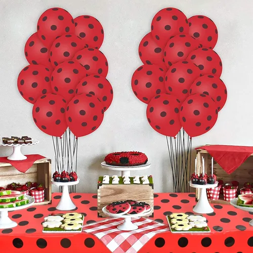 Miniatura 5 de 50 globos de mariquita, globos de lunares rojos y negros de 12 pulgadas, globos de látex para fiesta temática de mariquita, boda, fiesta
