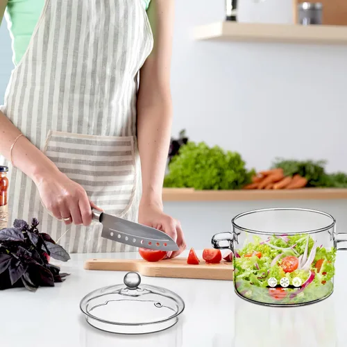 Miniatura 9 de GANAZONO Olla de cocina de vidrio con tapa, resistente al calor, olla de sopa de borosilicato de dos orejas, cuenco de fideos instantáneos de 8.26 x