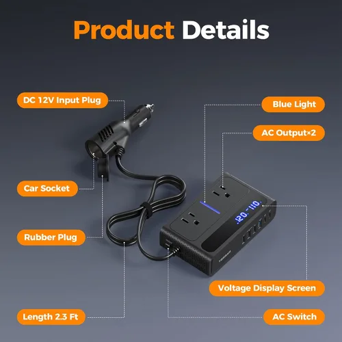 Miniatura 6 de TESSAN - Inversor de corriente para automóvil de 200 W, convertidor de 12 V CC a 110 V CA con 2 salidas de CA y 6 puertos USB con USB de 36 W