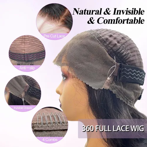 Miniatura 2 de Aaliweya Pelucas de cabello humano ondulado 360 HD con encaje frontal completo, correa oculta, densidad 200, cordón frontal 360, sin pegamento