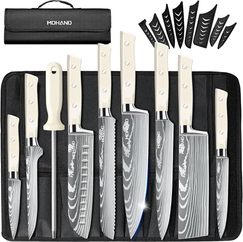 Miniatura 10 de MDHAND - Juego de cuchillos de chef profesional con bolsa enrollable, juego de 9 cuchillos de cocina japoneses con afilador, cuchillos de cocina