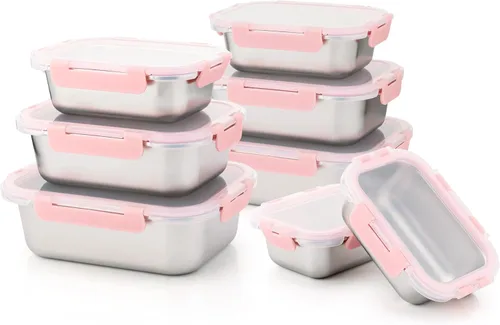 Miniatura 7 de Cuiselect 4 cajas de almuerzo de acero inoxidable de 4 tamaños, a prueba de fugas y aptas para lavavajillas, contenedores apilables de acero