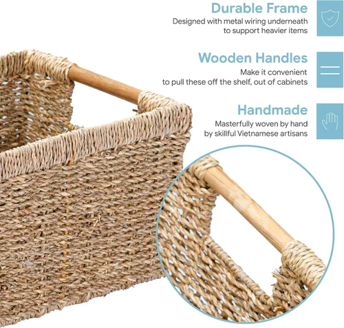 Miniatura 3 de Cesta de hierba marina natural con mango de madera, cesta de mimbre rectangular mediana para sala de estar, 12.2 x 8.9 x 6.7 pulgadas, paquete de 3