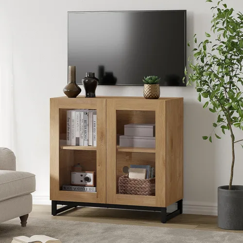 Miniatura 10 de WAMPAT Moderno soporte de TV con puertas de vidrio para televisores de 32 a 40 pulgadas, consola central de entretenimiento con estantes ajustables