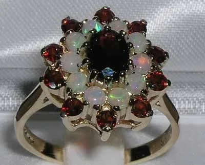 Miniatura 2 de LetsBuyGold Anillo de oro amarillo de 14 quilates auténtico granate y ópalo para mujer