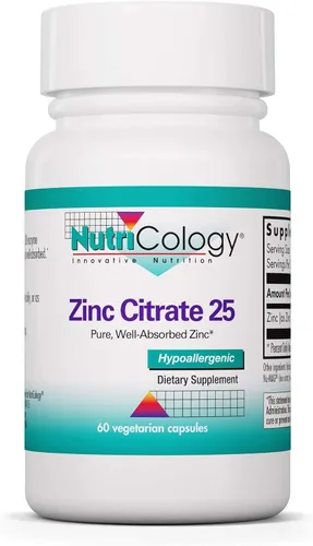 NutriCology Citrato de zinc - Proporciona 25 mg de citrato de zinc - Apoya la respuesta inmune, la salud cognitiva y la función celular - 60