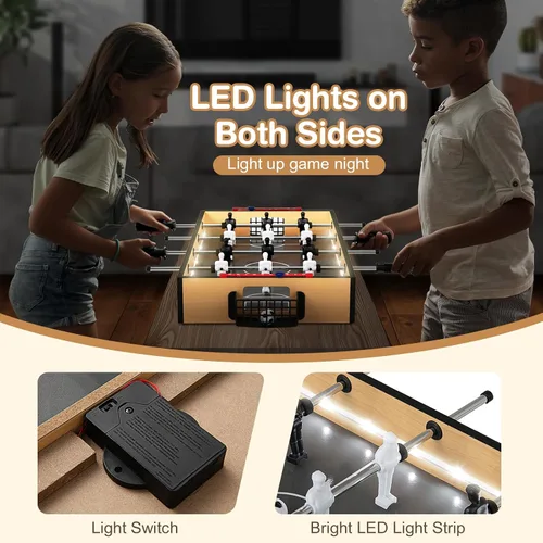Miniatura 3 de Giantex Mesa de futbolín de 20 pulgadas, mesa de fútbol de mesa con luces LED, jugadores realistas y 2 bolas, mesa de juego de fútbol de madera