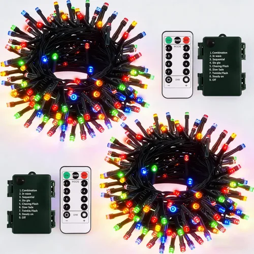 echosari Paquete de 2 Luces de Cadena de Navidad a Batería, Cable Verde de 32 pies 100 Luces de Cadena de Hadas LED con Control Remoto Temporizador