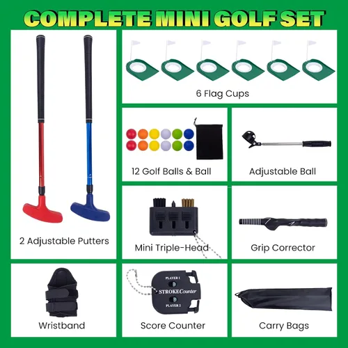 Miniatura 2 de Mini juego de práctica de golf de putting – Putters ajustables, 6 agujeros marcados, 12 pelotas de práctica, recuperador de bolas extensibles