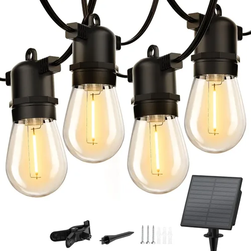 Minetom Tira de luces solares de 34 pies para exteriores con control remoto, luces de patio con 10 bombillas LED inastillables y ganchos, enchufe
