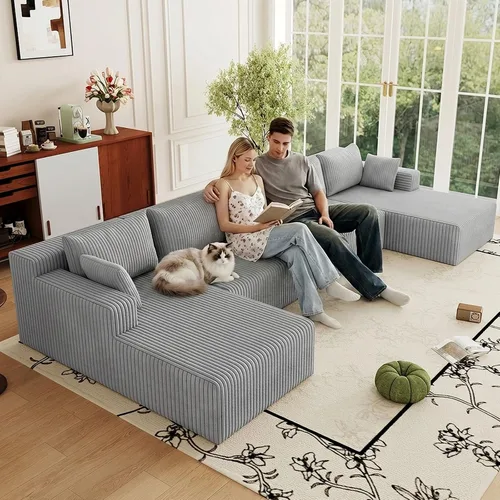 Miniatura 61 de Sofá modular Cloud de 95 pulgadas con otomana, moderno sofá nube en forma de U con asiento profundo, cómodo sofá de pana de 3 plazas, sofá de espuma