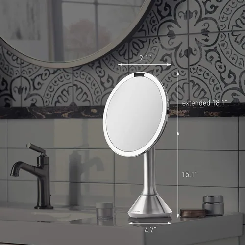 Miniatura 9 de simplehuman Espejo con sensor, espejo de maquillaje iluminado con aumento (5X), espejo redondo de 8 pulgadas con lupa con luces, inalámbrico, acero