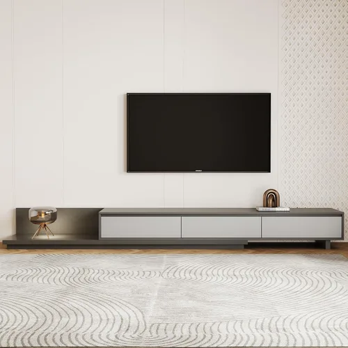 Miniatura 10 de Soporte de TV extensible moderno Mid-Century con 3 cajones, centro de entretenimiento ajustable para sala de estar y dormitorio (79 a 130 pulgadas)