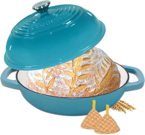 Horno de pan de hierro fundido esmaltado, horno holandés de 6 cuartos de galón para hornear pan de masa madre, kit de sartén esmaltada de 11 Verde