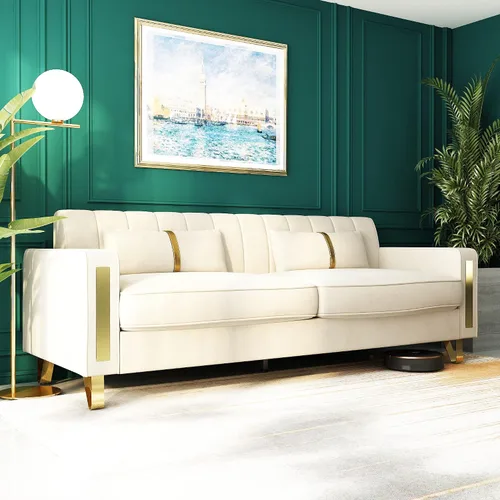 Miniatura 8 de Sofá cama modular de tela de terciopelo de 85.62 pulgadas, 3 asientos, fácil de montar con 2 almohadas de sofá, patas de metal dorado para sala