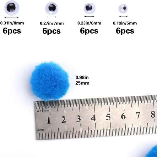 Miniatura 2 de 150 Pompones Azul Claro, Pompones de 1 Pulgada con Ojos Saltones Autoadhesivos para Manualidades, Pequeñas Bolas Esponjosas Pompom Bolas de Peluche