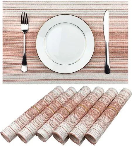 Miniatura 9 de Mantel individual de vinilo tejido duradero, lavable, resistente al calor, antideslizante, para cocina, comedor (juego de 4, azul con blanco)