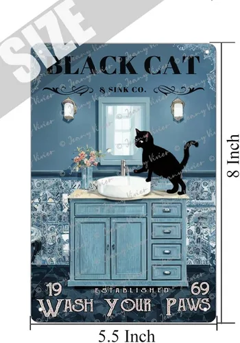 Miniatura 5 de Zomyto Letrero de metal retro para decoración de baño, diseño de gato negro con texto en inglés "Wash Your Paws", divertido póster para baño, baño