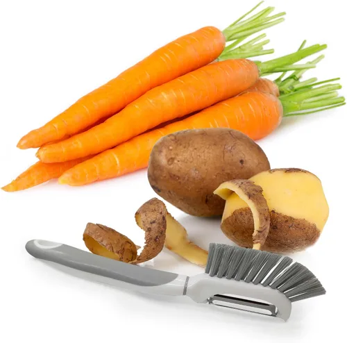 Pelador de verduras con cepillo – Kitchen Discovery – Pelador ergonómico de verduras con cepillo limpiador para pelar y limpiar fácilmente – Cepillo