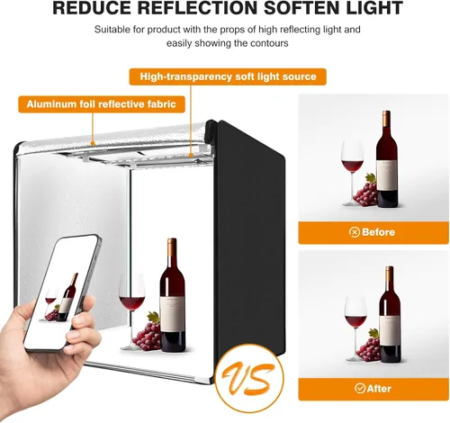 Miniatura 5 de Caja de luz para estudio fotográfico de 32"x32" con 100 LED y 6 fondos de colores, caja de fotos con luces, caja de imagen plegable para fotografía
