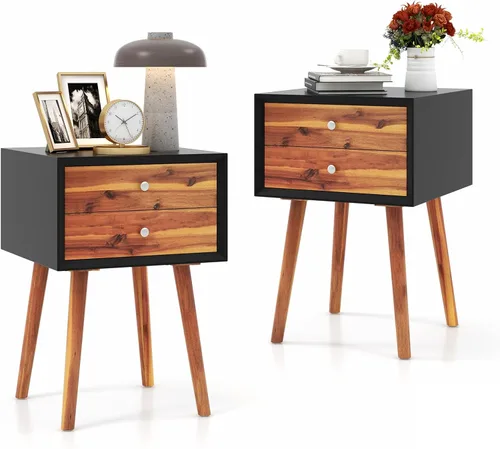 GOFLAME Juego de 2 mesitas de noche con 2 cajones, pequeña mesa auxiliar de madera, moderna de mediados de siglo con almacenamiento, mesa auxiliar