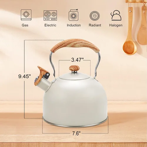 Miniatura 2 de Hervidor de Té Foedo para Estufa, Teteras Silbantes de 2.6 Cuartos para Estufa, Mango Plegable Resistente al Calor, Tetera Bonita (Beige)