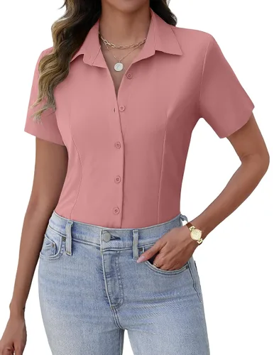 Miniatura 9 de Zeagoo Camisas de vestir de manga corta con botones para mujer, blusas básicas de trabajo con cuello de negocios