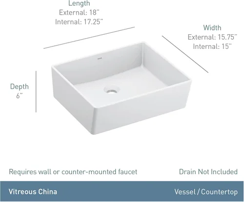 Miniatura 7 de Moen BGCW10RV1618 - Fregadero de porcelana vítrea blanca para baño, fregadero rectangular de 18 x 15.75 x 6 pulgadas con un cuenco de cerámica