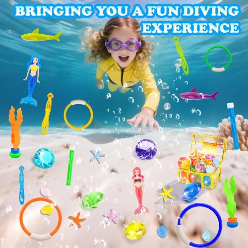 Miniatura 5 de Rileryan Juego de 36 juguetes de buceo en la piscina para niños, anillos de buceo y palos, juguetes de natación, tesoros piratas, gemas de cofre