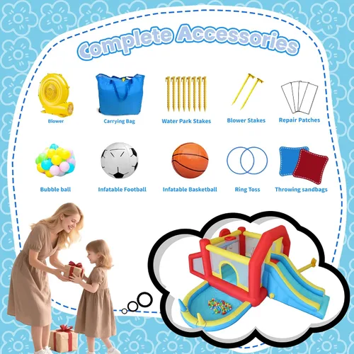 Miniatura 8 de Casa inflable de rebote para niños de 9 en 1 con tobogán alto, piscina de pelotas, juego de fútbol de habilidad, juego de sacos de arena