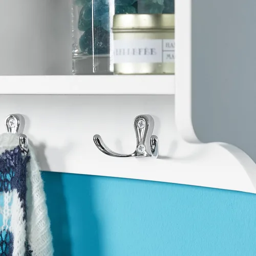 Miniatura 6 de Haotian - Estantería de pared blanca con ganchos para abrigos, perchero de pared para entrada, unidad de almacenamiento con 4 compartimentos y 5