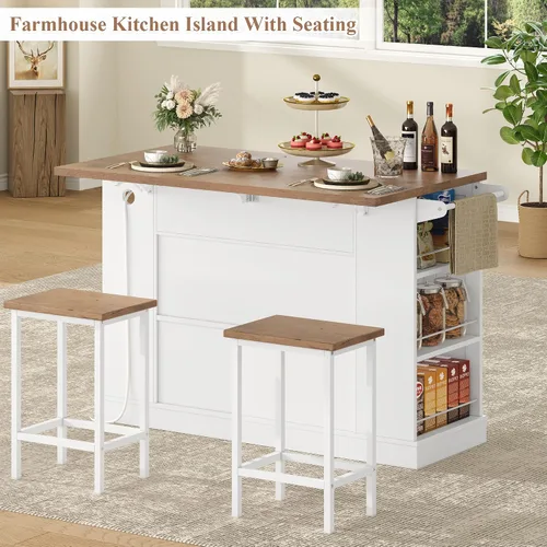 Miniatura 6 de Keyluv Isla de almacenamiento de cocina con 2 taburetes, carrito de cocina móvil de 51.2 pulgadas con hoja de caída y toma de corriente, mesa