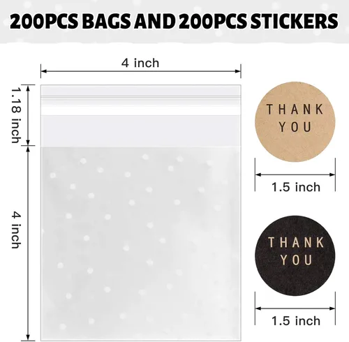 Miniatura 3 de NPLUX Paquete de 200 bolsas de celofán autoadhesivas, bolsas transparentes para galletas para regalar con calcomanías, recuerdos de fiesta del día