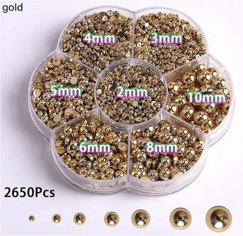 Miniatura 2 de 5300 cuentas doradas y plateadas de media perlas, varios tamaños, perlas de espalda plana, gemas de uñas, cuentas redondas de plástico ABS