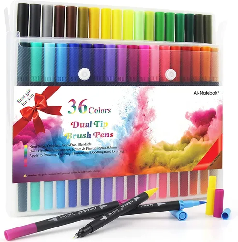 ai-natebok Rotuladores de doble pincel, bolígrafos para colorear, 36 colores, marcadores de punta fina de 0.4 y bolígrafo de pincel para libros de