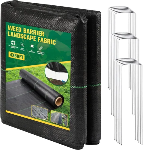 ondware Tela de barrera de malezas de 4 x 50 pies, cubierta de suelo tejida de 3.2 onzas para jardinería y paisajismo con 15 estacas en forma de U