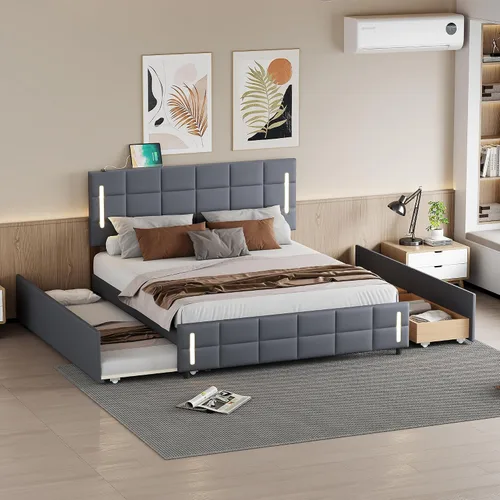 Miniatura 37 de Cama de plataforma flotante, marco de cama de madera tamaño individual con rayas claras, tela de lino suave y cabecera de diseño capitoné