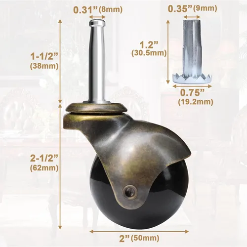 Miniatura 2 de AAGUT Juego de 4 ruedas giratorias de bola de 2 pulgadas con 5/16 pulgadas x 1-1/2 pulgadas (0.315 x 1.496 in) con enchufes de metal de repuesto