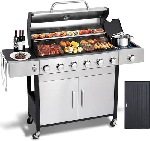 Miniatura 9 de Parrilla de gas de propano con 4 quemadores Parrilla de hierro fundido de 49,000 BTU, almacenamiento, quemador lateral, bandeja de goteo de aceite